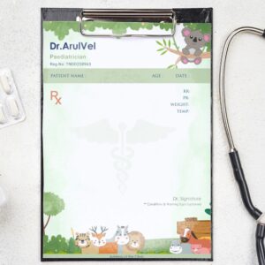 Cute animal-themed pediatric prescription pad designed for Dr. ArulVel, perfect for child-friendly clinics