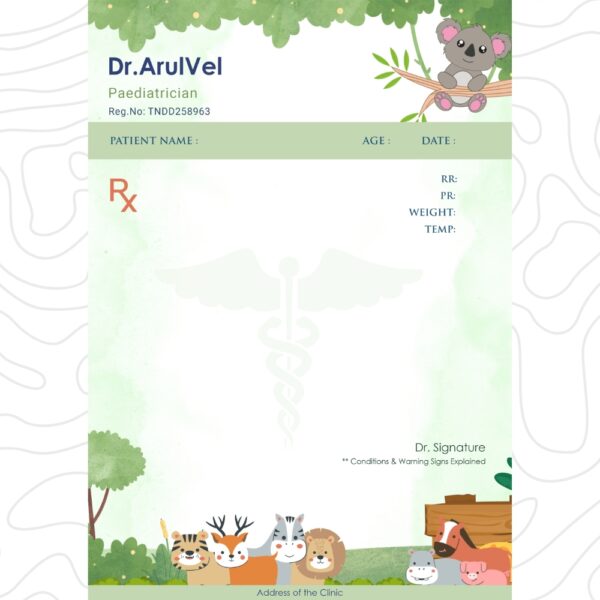 Cute animal-themed pediatric prescription pad designed for Dr. ArulVel, perfect for child-friendly clinics
