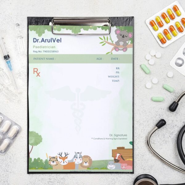 Cute animal-themed pediatric prescription pad designed for Dr. ArulVel, perfect for child-friendly clinics