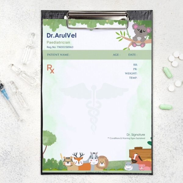 Cute animal-themed pediatric prescription pad designed for Dr. ArulVel, perfect for child-friendly clinics