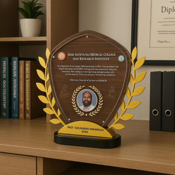 Wood-finish shield-shaped memento with golden laurel branches, custom text, and dean’s photo, awarded by a medical college.