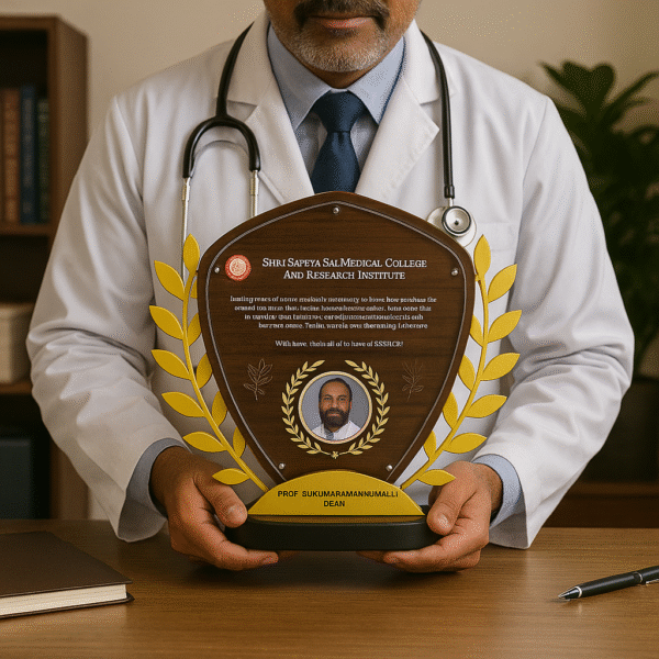 Wood-finish shield-shaped memento with golden laurel branches, custom text, and dean’s photo, awarded by a medical college.