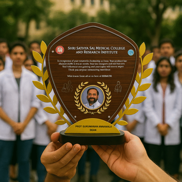 Wood-finish shield-shaped memento with golden laurel branches, custom text, and dean’s photo, awarded by a medical college.