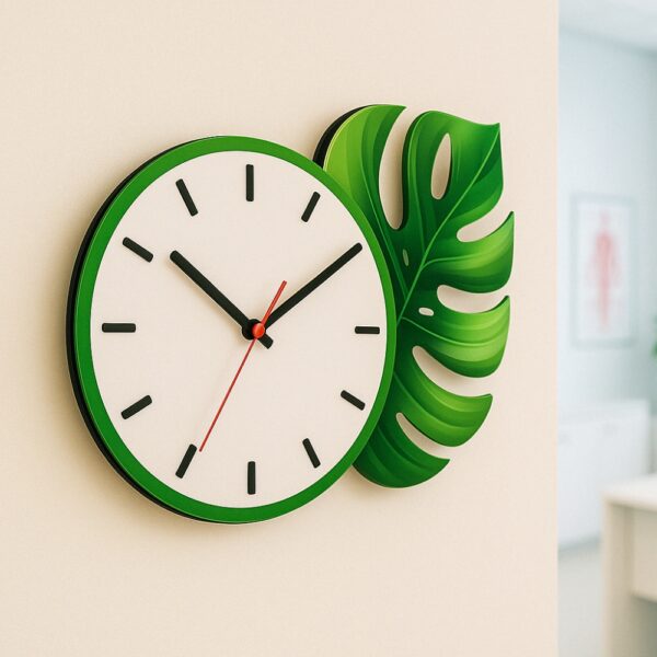 Green wall clock with monstera leaf design – perfect for doctors’ clinic and hospital room decor