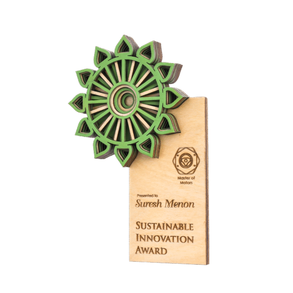 Wooden doctor award with green mandala-style design and engraved text, presented for sustainable medical innovation.