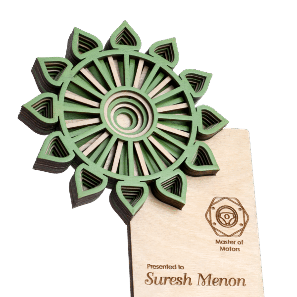 Wooden doctor award with green mandala-style design and engraved text, presented for sustainable medical innovation.