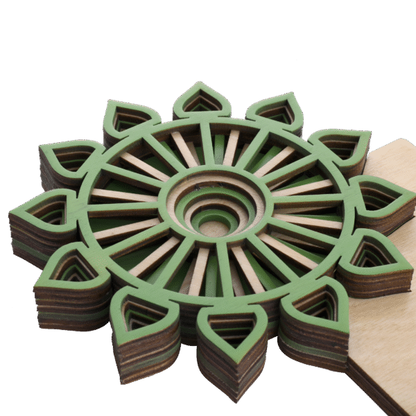 Wooden doctor award with green mandala-style design and engraved text, presented for sustainable medical innovation.