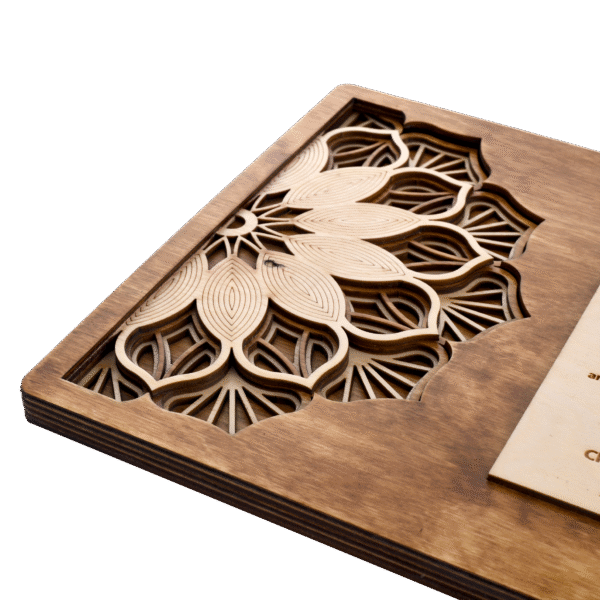 Intricately carved wooden plaque with mandala design and engraved appreciation message for medical camp contribution.