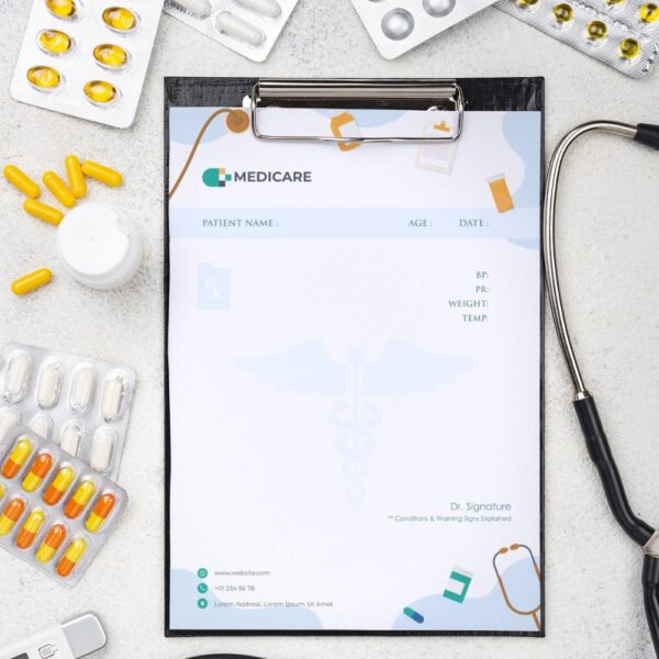 Prescription pad with Medicare branding and icons of pills, clipboard, and stethoscope.