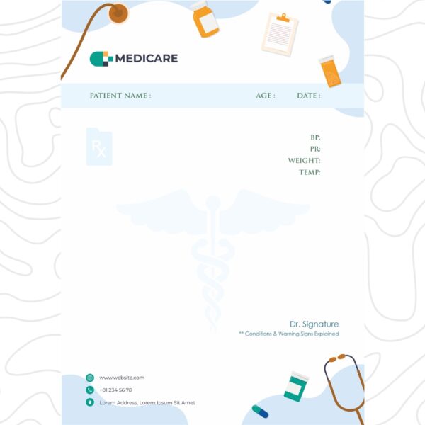 Prescription pad with Medicare branding and icons of pills, clipboard, and stethoscope.