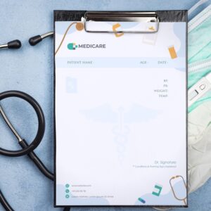 Prescription pad with Medicare branding and icons of pills, clipboard, and stethoscope.