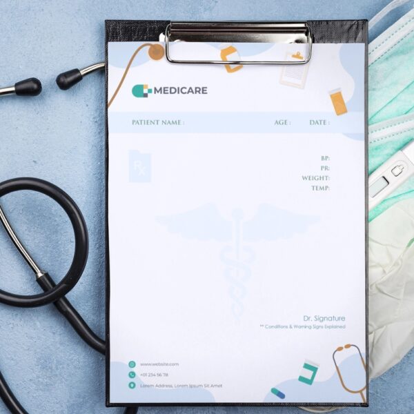 Prescription pad with Medicare branding and icons of pills, clipboard, and stethoscope.