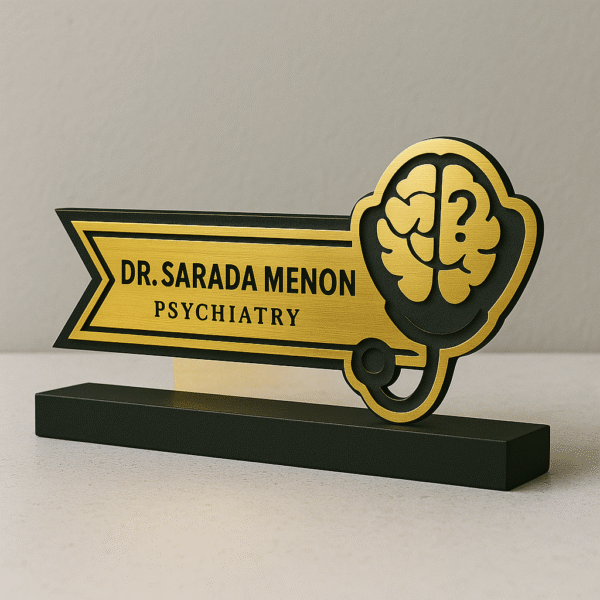 Psychiatrist desk name plate with brain and question mark icon – gold acrylic name board for mental health professionals