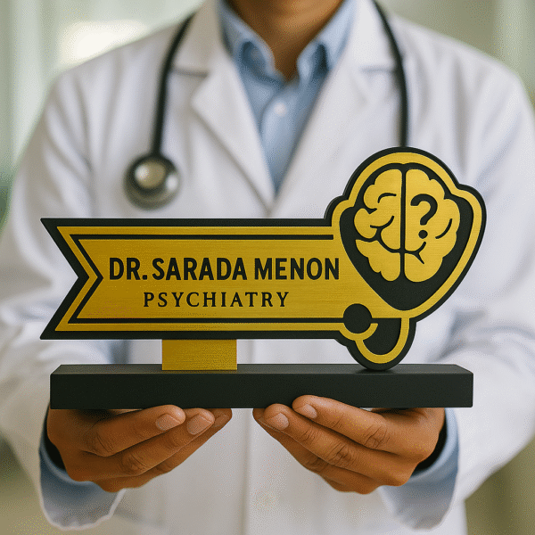Psychiatrist desk name plate with brain and question mark icon – gold acrylic name board for mental health professionals