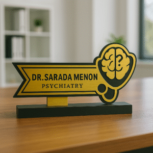 Psychiatrist desk name plate with brain and question mark icon – gold acrylic name board for mental health professionals