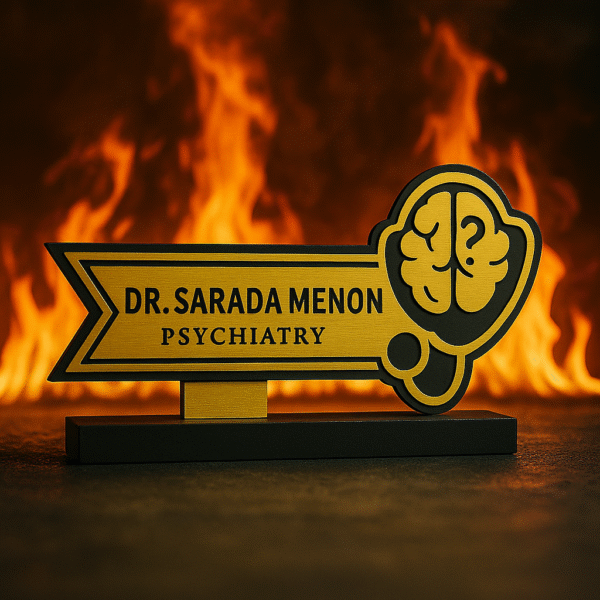 Psychiatrist desk name plate with brain and question mark icon – gold acrylic name board for mental health professionals