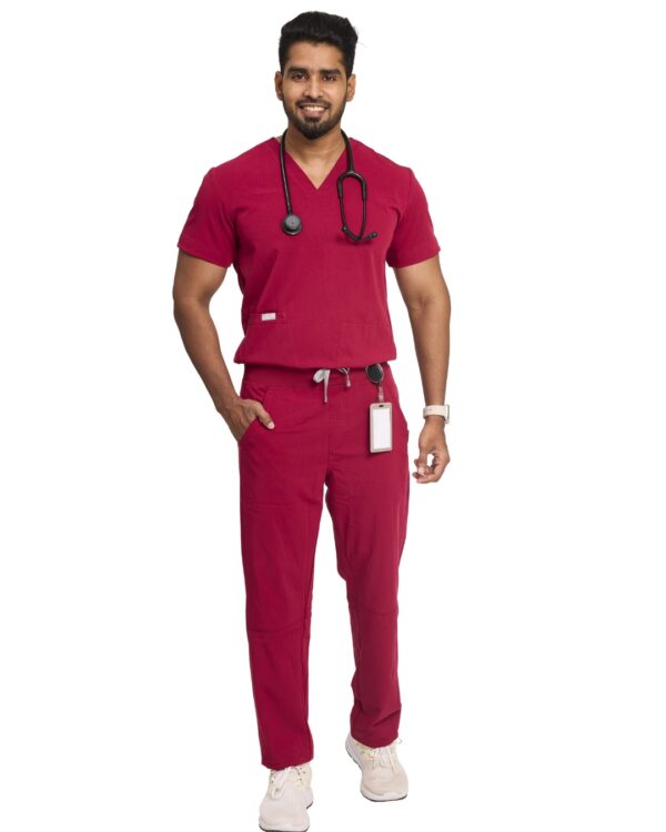 Male doctor in Burgundy scrub set with stethoscope – comfortable wrinkle-resistant medical wear