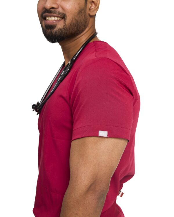 Male doctor in Burgundy scrub set with stethoscope – comfortable wrinkle-resistant medical wear