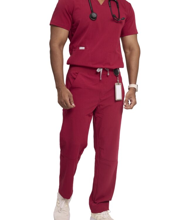 Male doctor in Burgundy scrub set with stethoscope – comfortable wrinkle-resistant medical wear