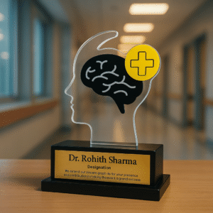 Transparent doctor appreciation memento with brain and yellow cross design, customized with doctor’s name and message, placed on a black base.