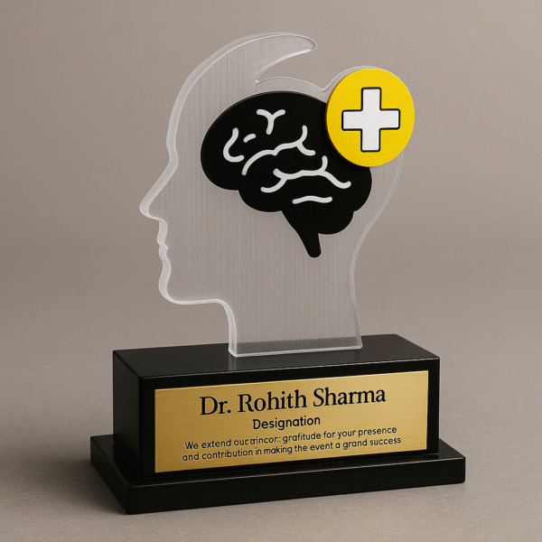 Transparent doctor appreciation memento with brain and yellow cross design, customized with doctor’s name and message, placed on a black base.