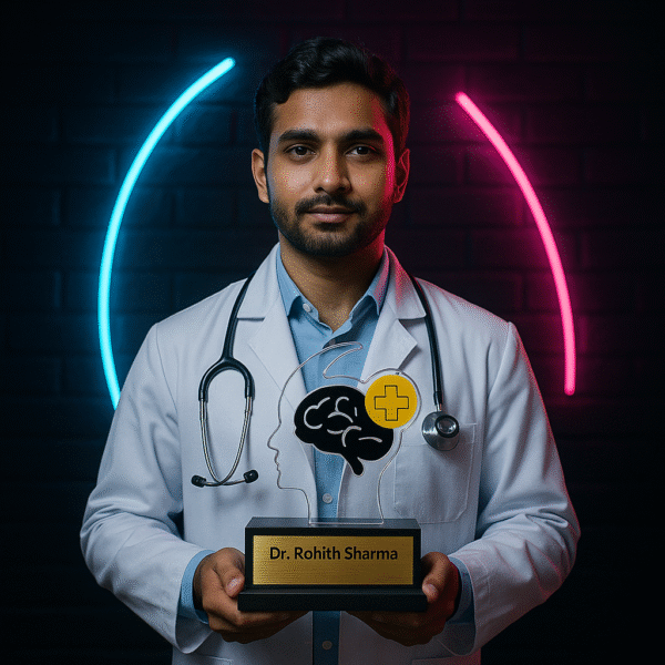 Transparent doctor appreciation memento with brain and yellow cross design, customized with doctor’s name and message, placed on a black base.