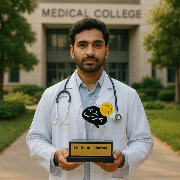 Transparent doctor appreciation memento with brain and yellow cross design, customized with doctor’s name and message, placed on a black base.