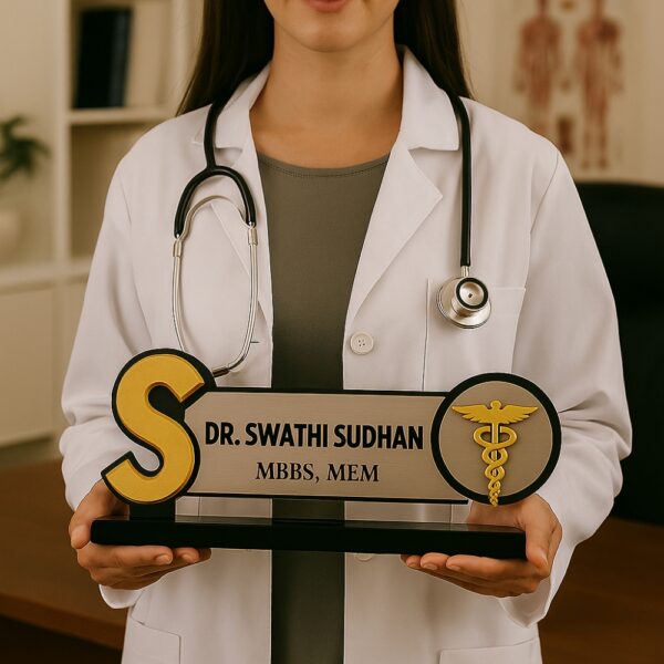 Personalized acrylic doctor desk name plate with gold monogram S, caduceus symbol, and name panel – MBBS MEM desk sign