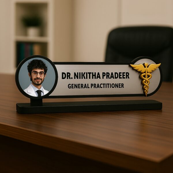 Custom doctor desk name plate with photo and caduceus for general practitioner – personalized acrylic clinic name board