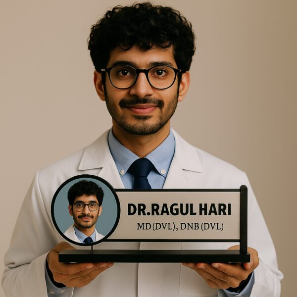 Personalized dermatologist name plate with doctor photo and MD DNB engraving – acrylic desk board