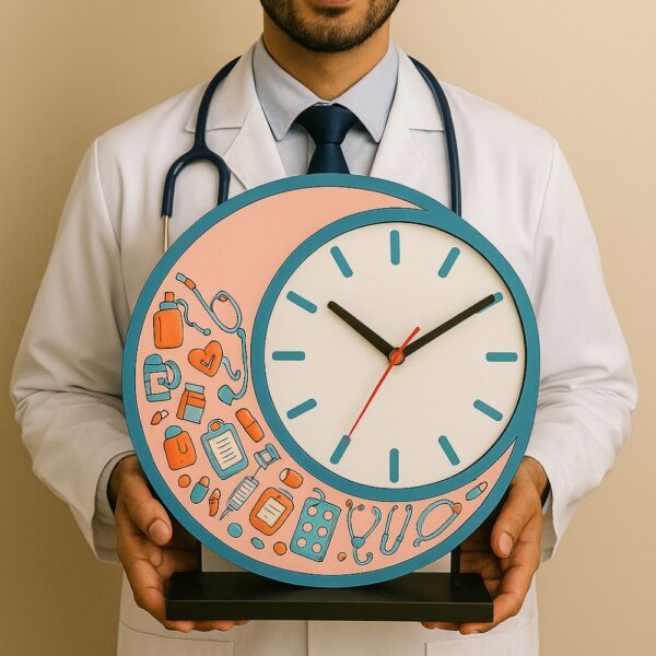 Colorful wall clock with doctor-themed medical icons – designed for clinic and hospital walls