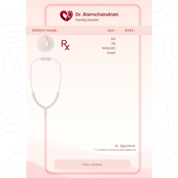 Personalized pink-themed prescription pad for Dr. Ramchandran, Family Doctor, featuring a stethoscope border, structured patient information fields, and clean Rx layout.