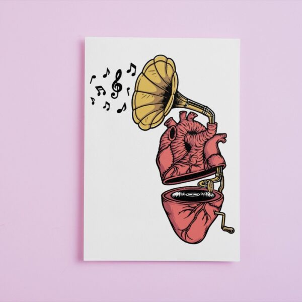 Poster of a human heart illustrated as a gramophone with musical notes – designed for doctors and clinics