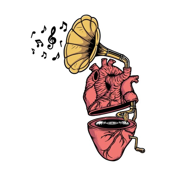 Poster of a human heart illustrated as a gramophone with musical notes – designed for doctors and clinics