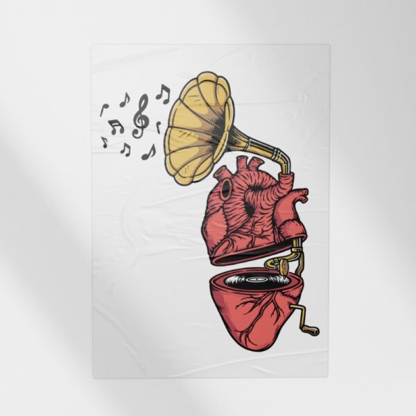 Poster of a human heart illustrated as a gramophone with musical notes – designed for doctors and clinics