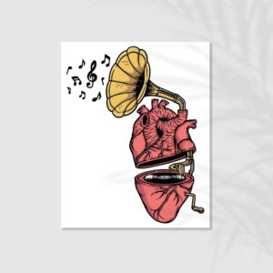 Poster of a human heart illustrated as a gramophone with musical notes – designed for doctors and clinics