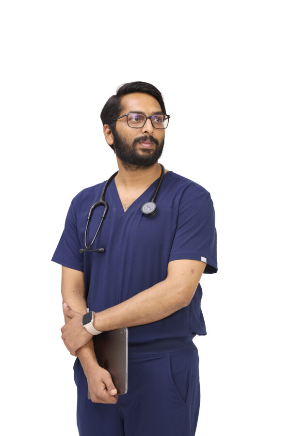 Male doctor in navy blue scrub set with stethoscope – premium wrinkle-resistant medical wear