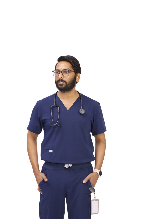 Male doctor in navy blue scrub set with stethoscope – premium wrinkle-resistant medical wear