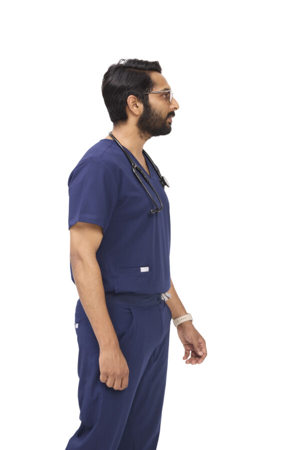 Male doctor in navy blue scrub set with stethoscope – premium wrinkle-resistant medical wear