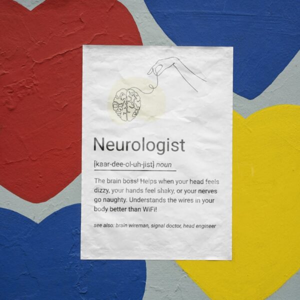 Minimal line art of a brain connected to a hand, with a humorous definition of a neurologist’s role.