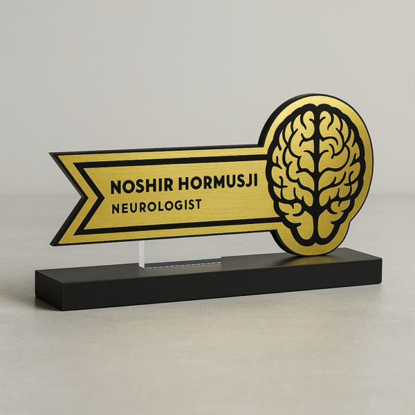Doctor desk name plate with brain icon – gold finish acrylic name board for neurologists