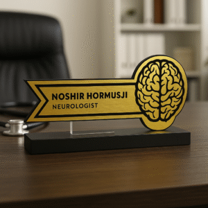 Doctor desk name plate with brain icon – gold finish acrylic name board for neurologists