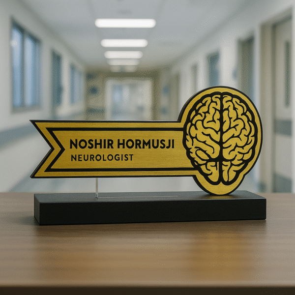 Doctor desk name plate with brain icon – gold finish acrylic name board for neurologists