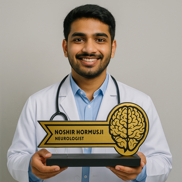 Doctor desk name plate with brain icon – gold finish acrylic name board for neurologists