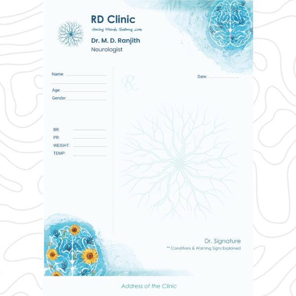 Neurologist prescription pad design with brain and neuron illustrations in blue, personalized for Dr. M. D. Ranjith, RD Clinic.
