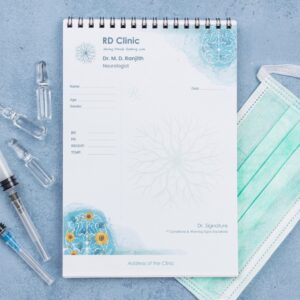 Neurologist prescription pad design with brain and neuron illustrations in blue, personalized for Dr. M. D. Ranjith, RD Clinic.
