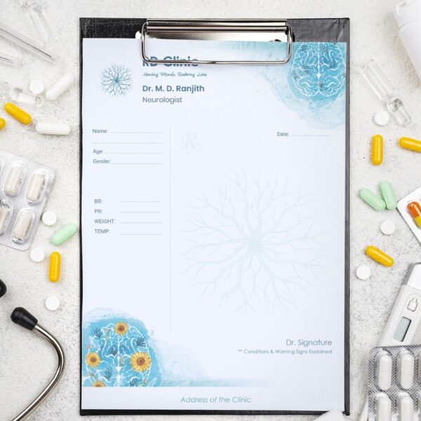 Neurologist prescription pad design with brain and neuron illustrations in blue, personalized for Dr. M. D. Ranjith, RD Clinic.