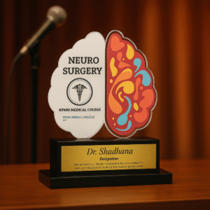 Customized neurosurgery-themed appreciation memento featuring a brain design with colorful neural art and engraved doctor nameplate.