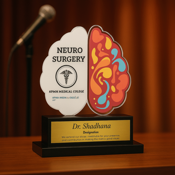Customized neurosurgery-themed appreciation memento featuring a brain design with colorful neural art and engraved doctor nameplate.