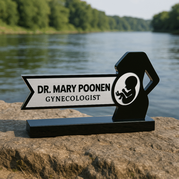 Gynecologist desk name plate with pregnant woman icon – black and silver acrylic name board for doctors